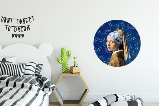 WallCircle - Stickers muraux muraux - Cercle de papier peint - Fille à la boucle d'oreille en perle - Bleu de Delft - Vermeer - Fleurs - Peinture - Maîtres anciens - 50x50 cm - Cercle mural - Autocollant - Autocollant de papier peint rond