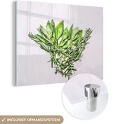 MuchoWow® Glasschilderij 40x30 cm - Schilderij acrylglas - Groene tijm op een waanzinnige stenen tafel - Foto op glas - Schilderijen