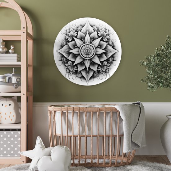 WallCircle - Cercle mural ⌀ 60 - Mandala - Zwart - Wit - Fleurs - Tableaux ronds salon - Plaque murale ronde - Cercle de Décoration murale - Décoration de chambre à l'intérieur - Cercle Décoration murale - Accessoires de maison