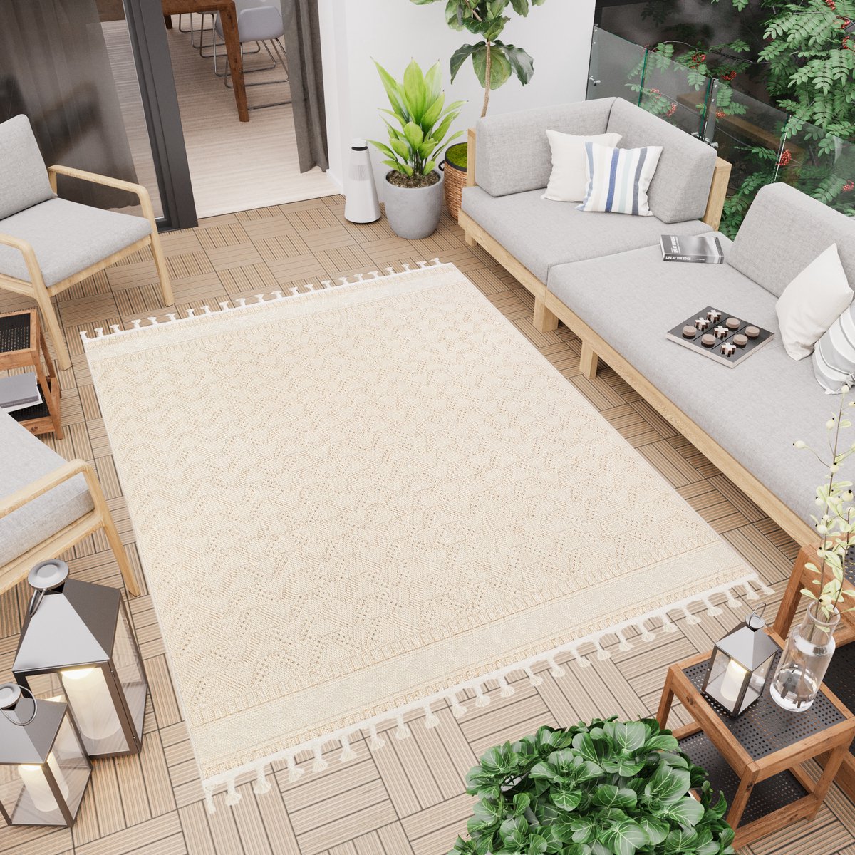 Tapiso Rio Loop Vloerkleed Outdoor Beige Buiten Boho Terras Tuin Franjes Maat- 200x300