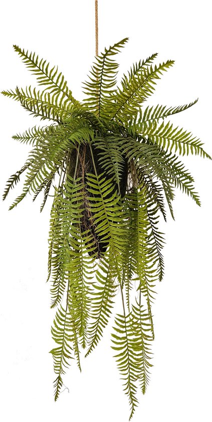 Kunst Kokodama met Varens | 100cm - Kunst hangplant - Namaak kokodama - Kunstplanten voor binnen - Kunst hangplant varens