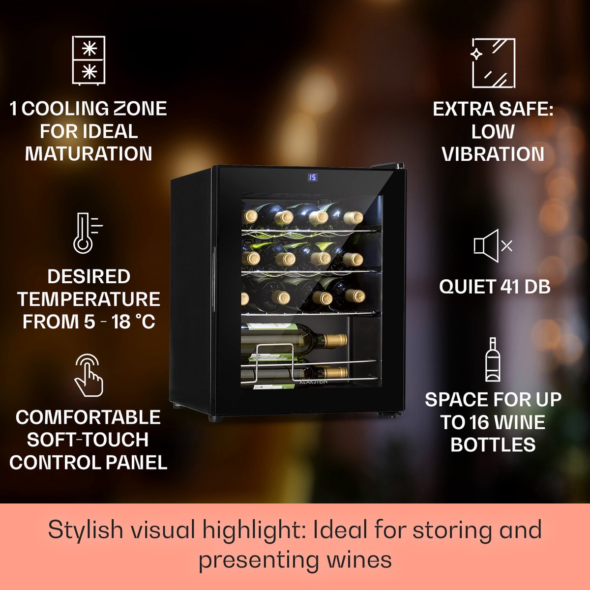 Klarstein Shiraz 16 Uno Wijnkoelkast - 42 Liter - Touch - afbeelding 3