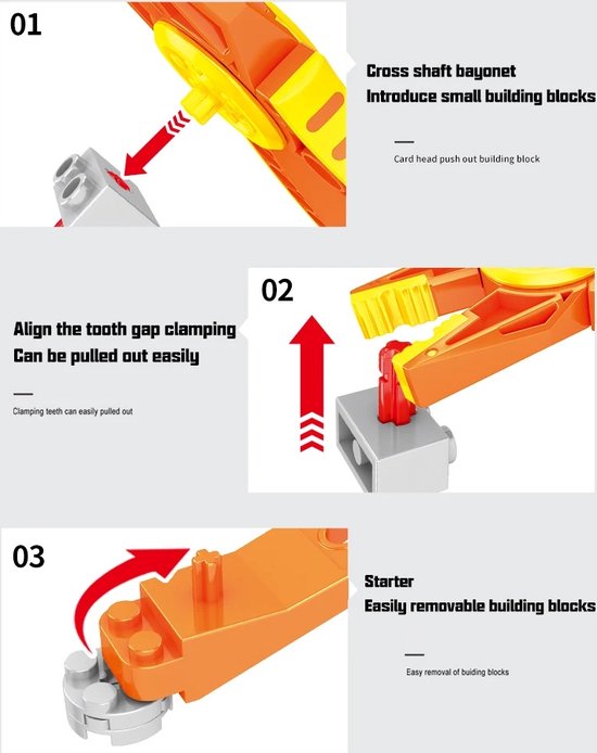 Instructies voor het gebruik van de tang en scheider voor bouwblokken.