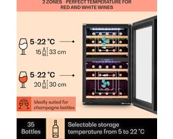 Klarstein Wijnkoelkast 2 zones, 128L drankenkoelkast, Kleine inbouw wijnkast smal, Wijnkoelkast met glazen deur, Outdoor flessenkoelkast, Wine Fridge 5-22°C, 41 flessen