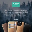Promo afbeelding met boslandschap en tekst: "De Rosso Elite oogt niet alleen luxe, maar heeft ook een handige dubbele functie die je niet in een book case zou verwachten." en foto van telefoonhoesjes.
