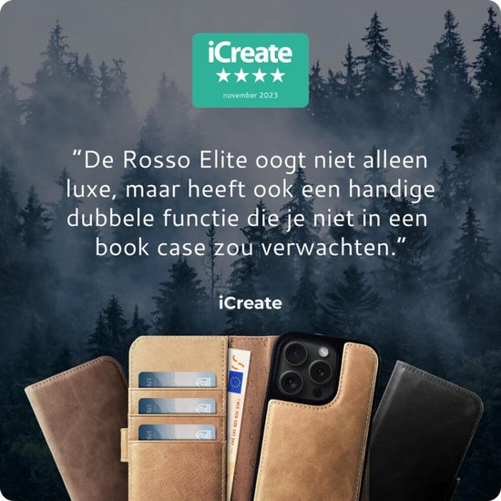 Promo afbeelding met boslandschap en tekst: "De Rosso Elite oogt niet alleen luxe, maar heeft ook een handige dubbele functie die je niet in een book case zou verwachten." en foto van telefoonhoesjes.