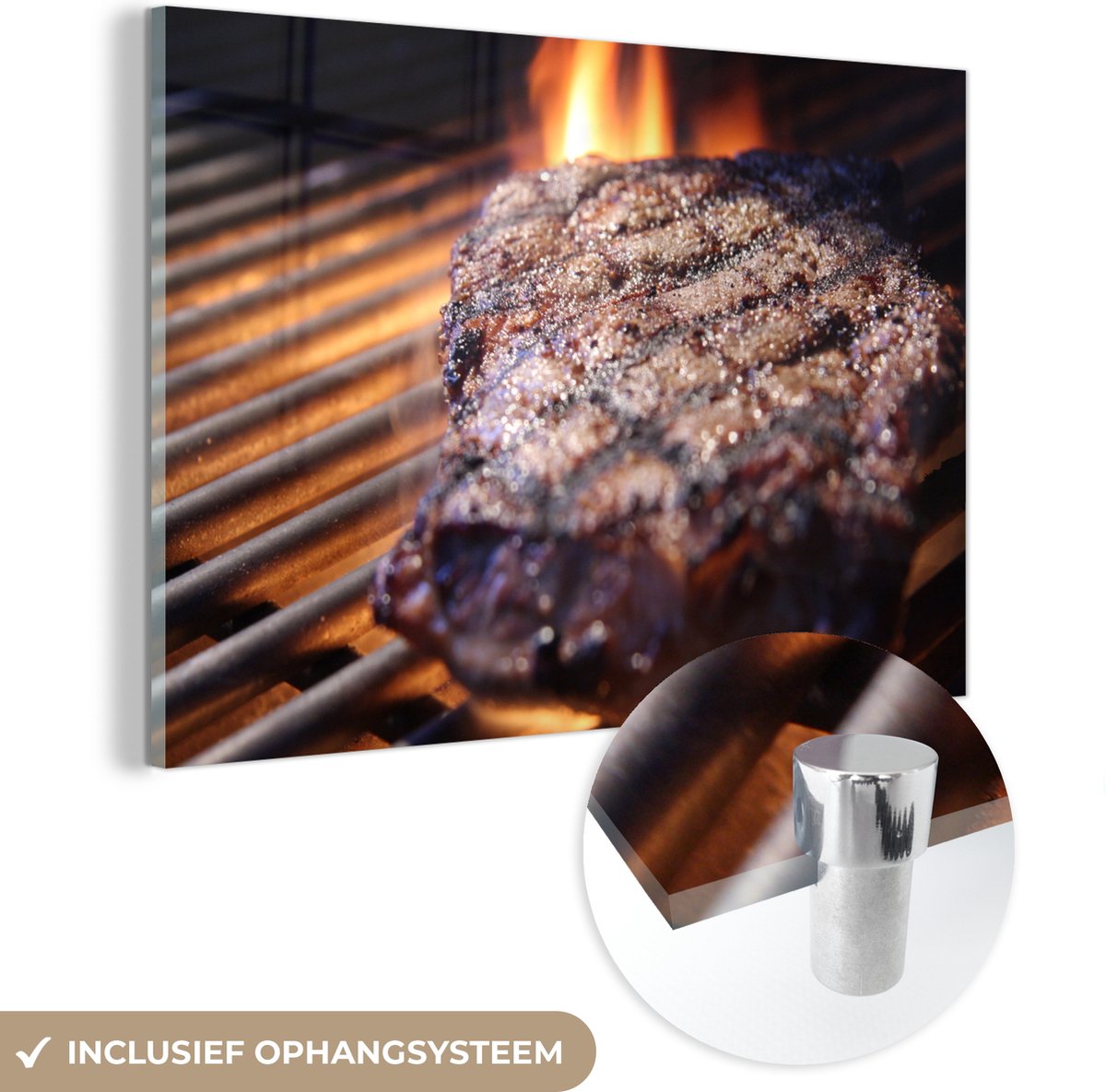 ® Glasschilderij 60x40 cm - Schilderij acrylglas - Gegrilde biefstuk ligt op de barbecue -