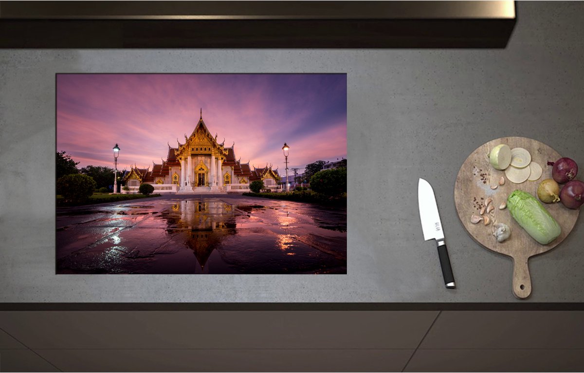 Inductieplaat Beschermer - Boeddhistische Wat Benchamabophit Tempel met Gouden Details in Bangkok, Thailand - 75x52 cm - 2 mm Dik - Inductie Beschermer - Bescherming Inductiekookplaat - Kookplaat Beschermer van Wit Vinyl