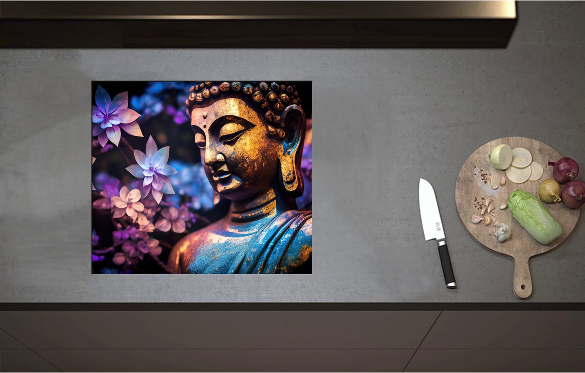 Inductieplaat Beschermer - Boeddha voor Struik vol Paarse Lelies - 57x50 cm - 2 mm Dik - Inductie Beschermer - Bescherming Inductiekookplaat - Kookplaat Beschermer van Wit Vinyl