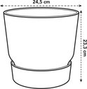 Schematische tekening van een olijfgroene Elho bloempot met waterreservoir van 24,5 cm breed en 23,3 cm hoog.