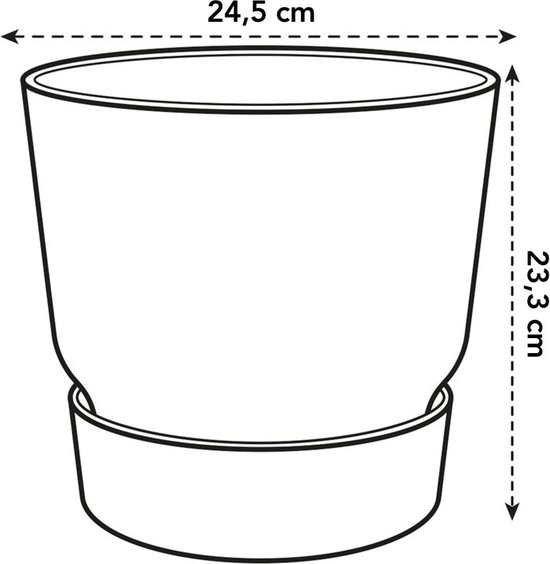 Schematische tekening van een olijfgroene Elho bloempot met waterreservoir van 24,5 cm breed en 23,3 cm hoog.