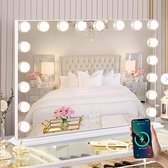 Miroir Hollywood avec éclairage port USB 18 lampes LED dimmables miroir de maquillage avec éclairage grand miroir avec éclairage miroir de maquillage 3 températures de couleur avec lumière pour coiffeuse blanc
