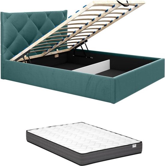 PASCAL MORABITO Bed met opbergruimte 140 x 190 cm - Velours - Blauwgroen + matras - STARI van Pascal Morabito L 153 cm x H 104 cm x D 200 cm