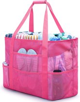 Bastix - Grote mesh strandtas, mesh strandtas, mesh tas voor zandspeelgoed, opvouwbare handtassen, opbergtas met zakken en ritssluiting, voor strand, vakantie, reizen, winkelen (roze)