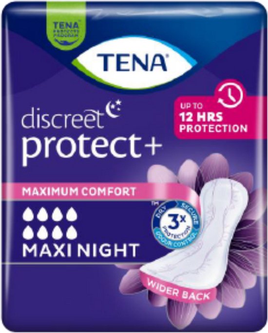 TENA Discreet Maxi Night verpakking met "UP TO 12 HRS PROTECTION" en een afbeelding van een inlegkruisje met een bloem.