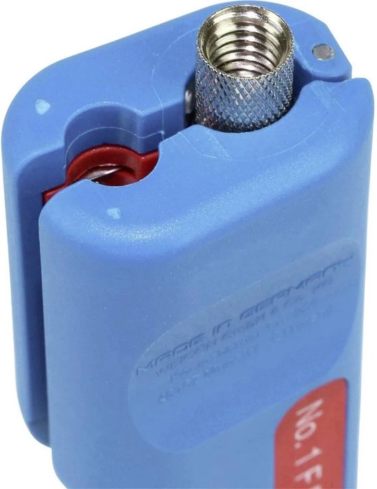 Blauwe kabelstripper met een metalen schroefdraad aan de zijkant.