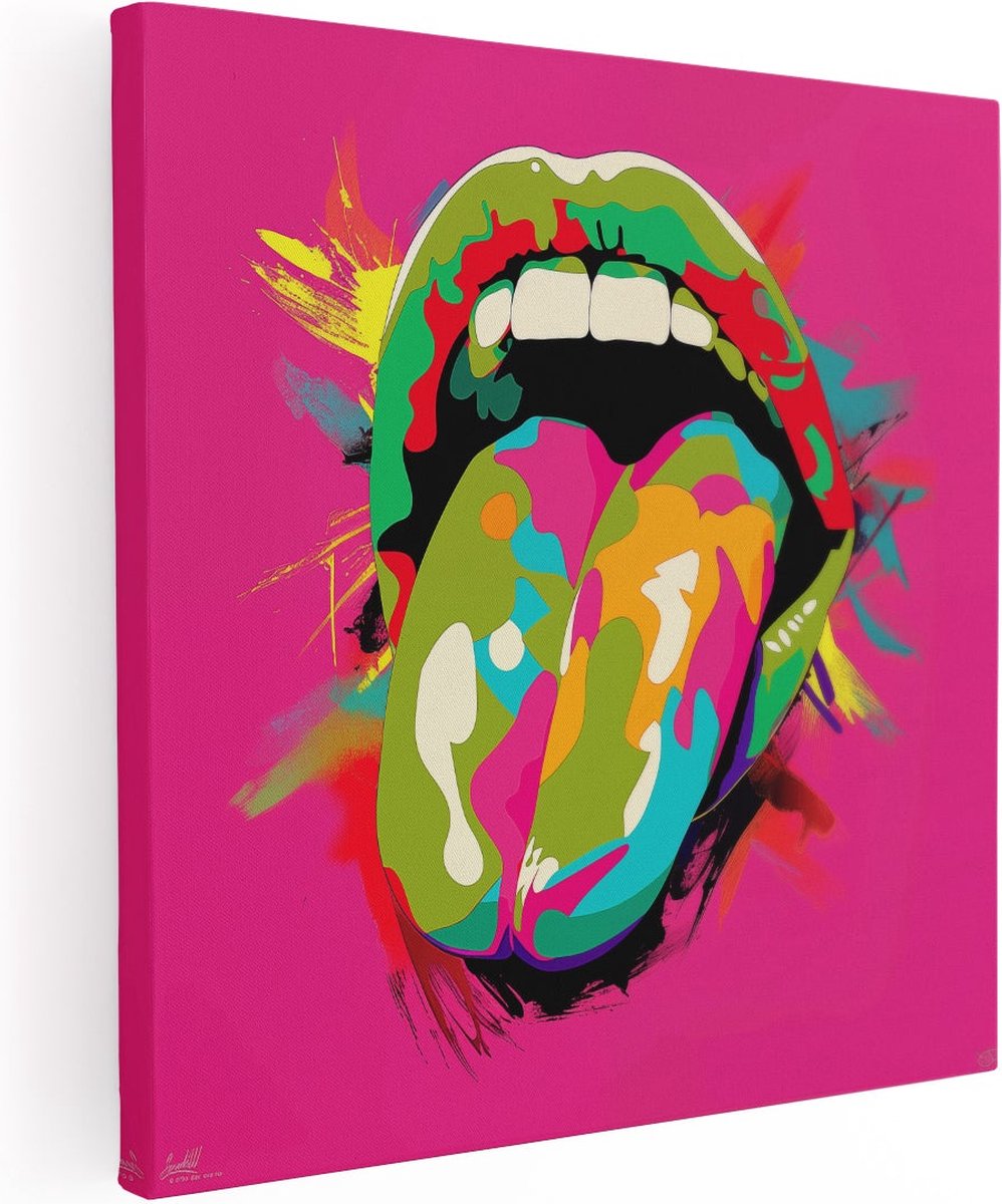 Artaza Canvas Schilderij Tong van de Rollende Stenen op een Roze Achtergrond - 70x70 cm - Wanddecoratie Woonkamer - Schilderijen - Muurdecoratie