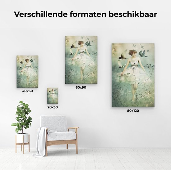 Tableau Artaza : Femme en robe Witte entourée Vogels – 80 x 120 cm – Groot – Photo sur toile – Impression sur toile