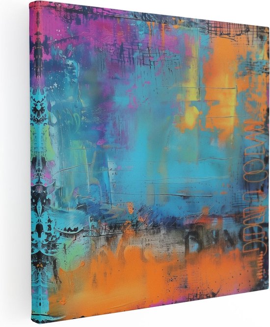 Artaza Canvas Schilderij Abstract Kunstwerk met Blauwe, Oranje en Gele Kleuren - 50x50 - Wanddecoratie - Foto Op Canvas - Canvas Print