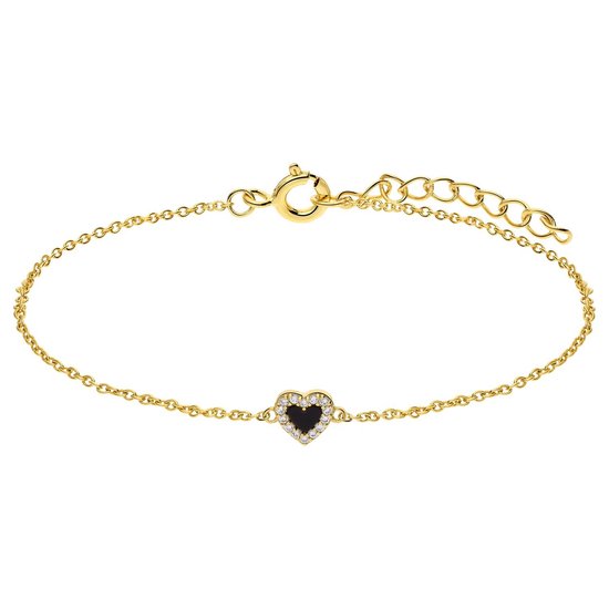 Lucardi Dames Zilveren goldplated armband met een hartvormige Black Agate gemstone - Armband - Staal - Goud - 19 cm