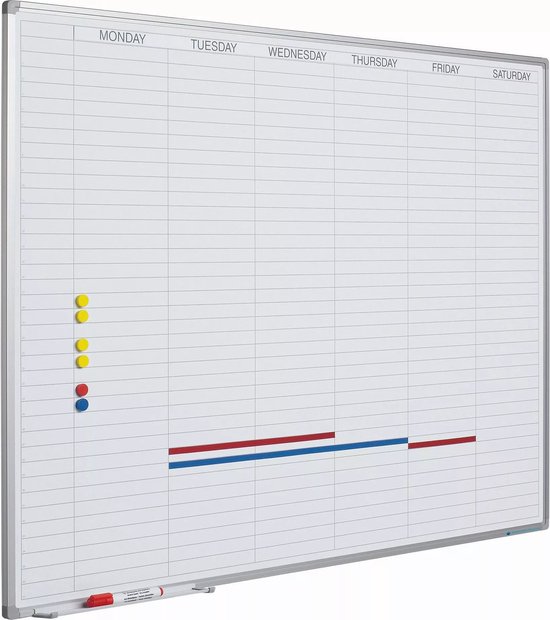 Whiteboard Deluxe Alice - Emaille staal - Weekplanner - Maandplanner - Jaarplanner - Magnetisch - Wit - Engels - 90x120cm