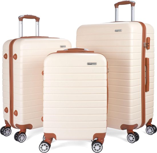 BRUBAKER Kofferset Paris - 3-delige Hardcase Kofferset met Handbagage - Reiskoffer Trolleys met Cijferslot, 4 Wielen en Comfort Handgrepen (M, L, XL - Crème Wit en Lichtbruin)