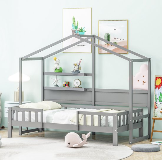 Sweiko Lit enfant 90 x 200 cm, canapé-lit en bois massif, gris, avec joli toit et dispositif de barrière de sécurité, 2 étagères