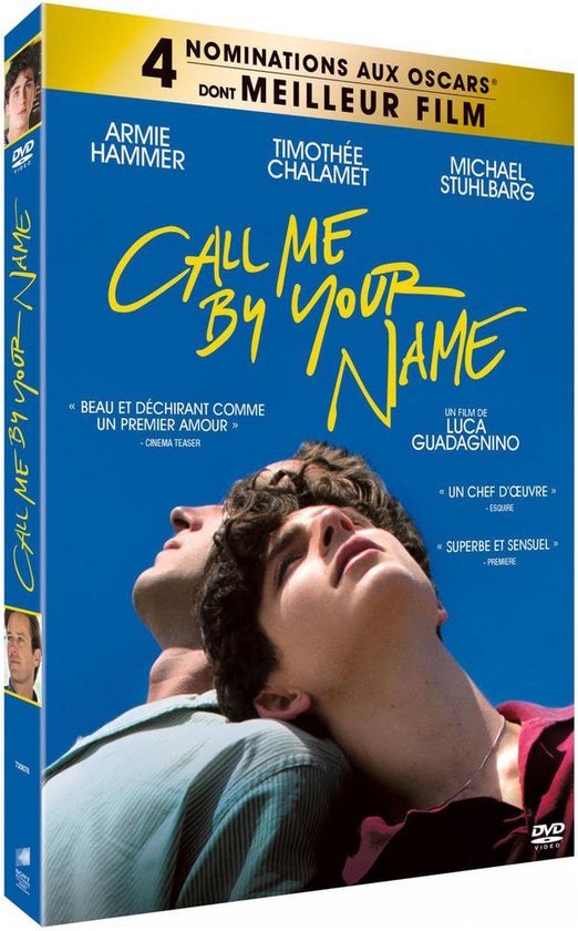 DVD-hoes 'Call Me by Your Name' met op de voorkant Timothée Chalamet en Armie Hammer, 4 Oscar-nominaties.