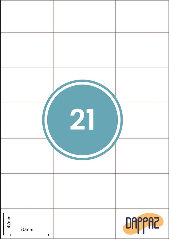 100 Stickervellen A4 Printetiketten Wit - 21 Stickers per Vel - 70 x 42.3 mm - Etiketten Stickers Papier Zelfklevend - Dappaz