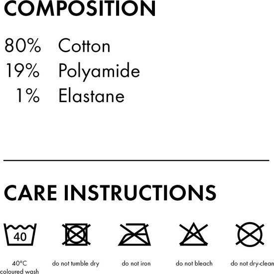 Samenstelling: 80% katoen, 19% polyamide, 1% elastane. Wasinstructies: 40 graden gekleurd, niet in de droger, niet strijken, niet bleken, niet chemisch reinigen.