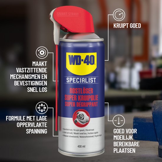 Blik WD-40 Specialist Super Kruipolie met Smart Straw, met uitleg over eigenschappen.
