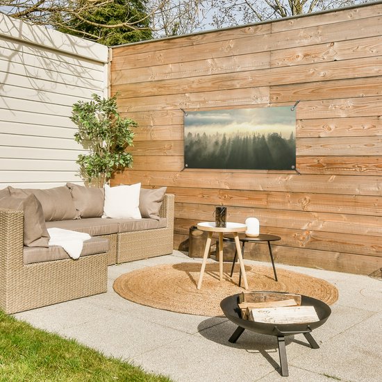 Poster de jardin Forêt - Brume - Soleil - 80x40 cm - Décoration murale Outdoor - Poster jardin - Toile jardin - Poster clôture - Tableau jardin