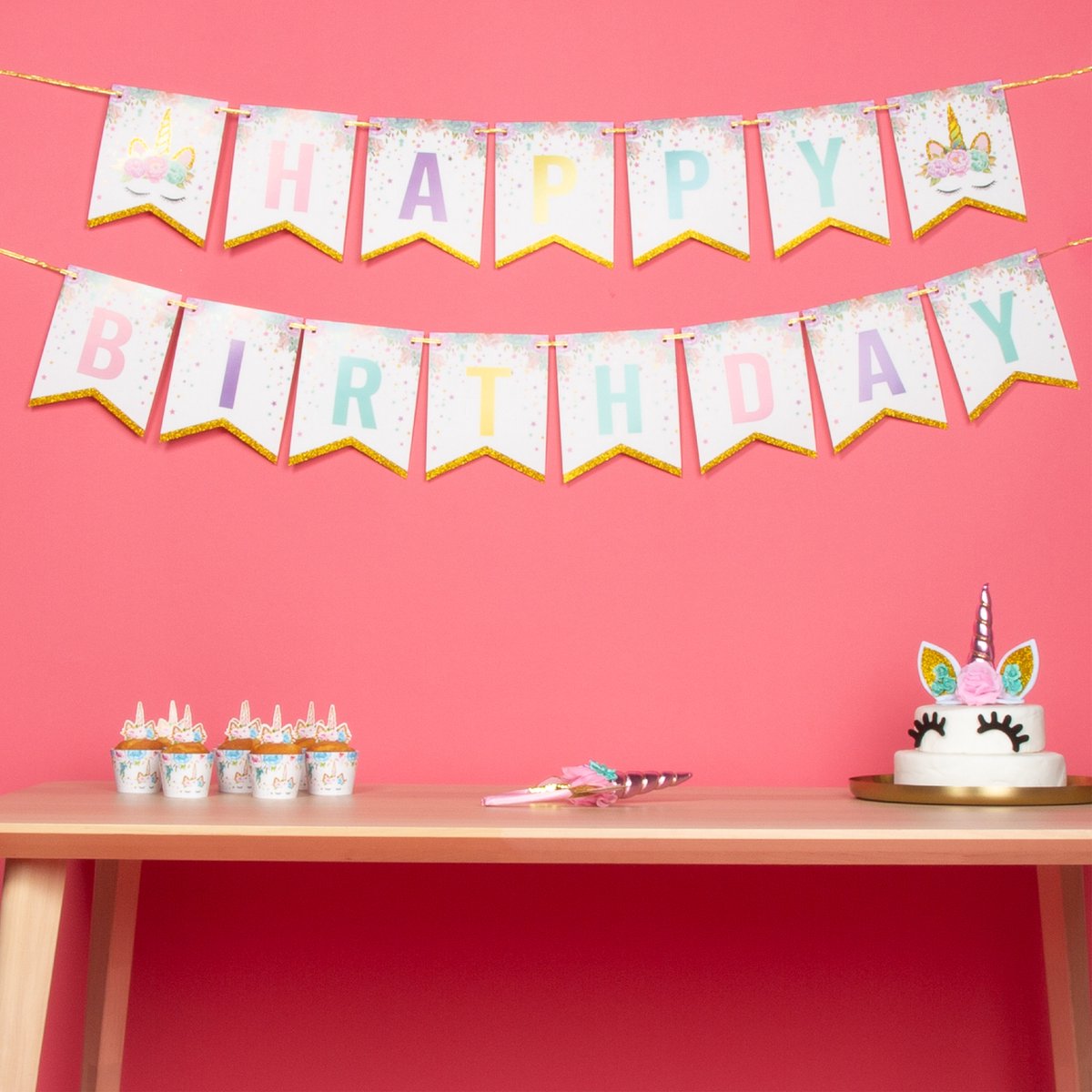 Fissaly 53 Stuks Roze Eenhoorn Verjaardag Decoratie Versiering – Taarttopper - Unicorn Topper Set – Kinderfeest – Feest — afbeelding 3