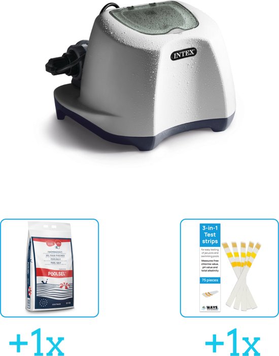 Intex zoutwatersysteem met een zak zwembadzout en een pakje teststrips ernaast.