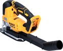 De gele en zwarte DeWalt decoupeerzaag met stofafzuiging staat op een witte achtergrond.