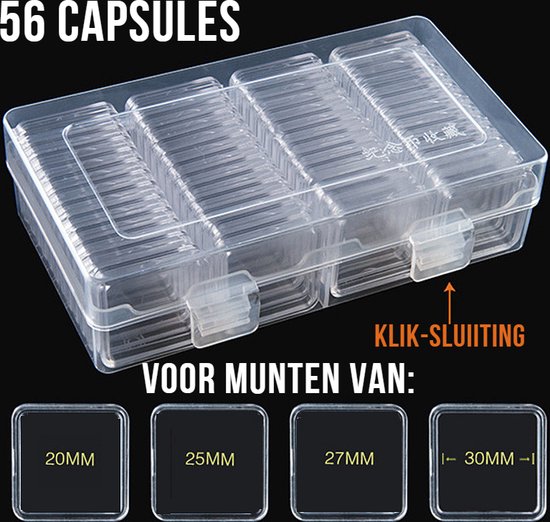 Foto: Allernieuwste box 56 stuks universele muntcapsules voor 20 25 27 30 mm vierkant met binnenring transparant glashelder munthouders voor gouden en zilveren munten penningen tokens 17 30 mm box