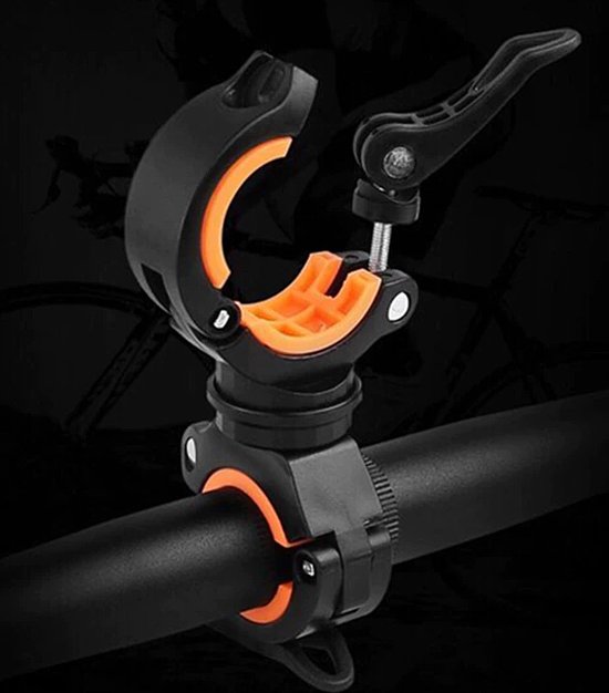 Zwarte en oranje houder met klemmechanisme op een fietsstuur.