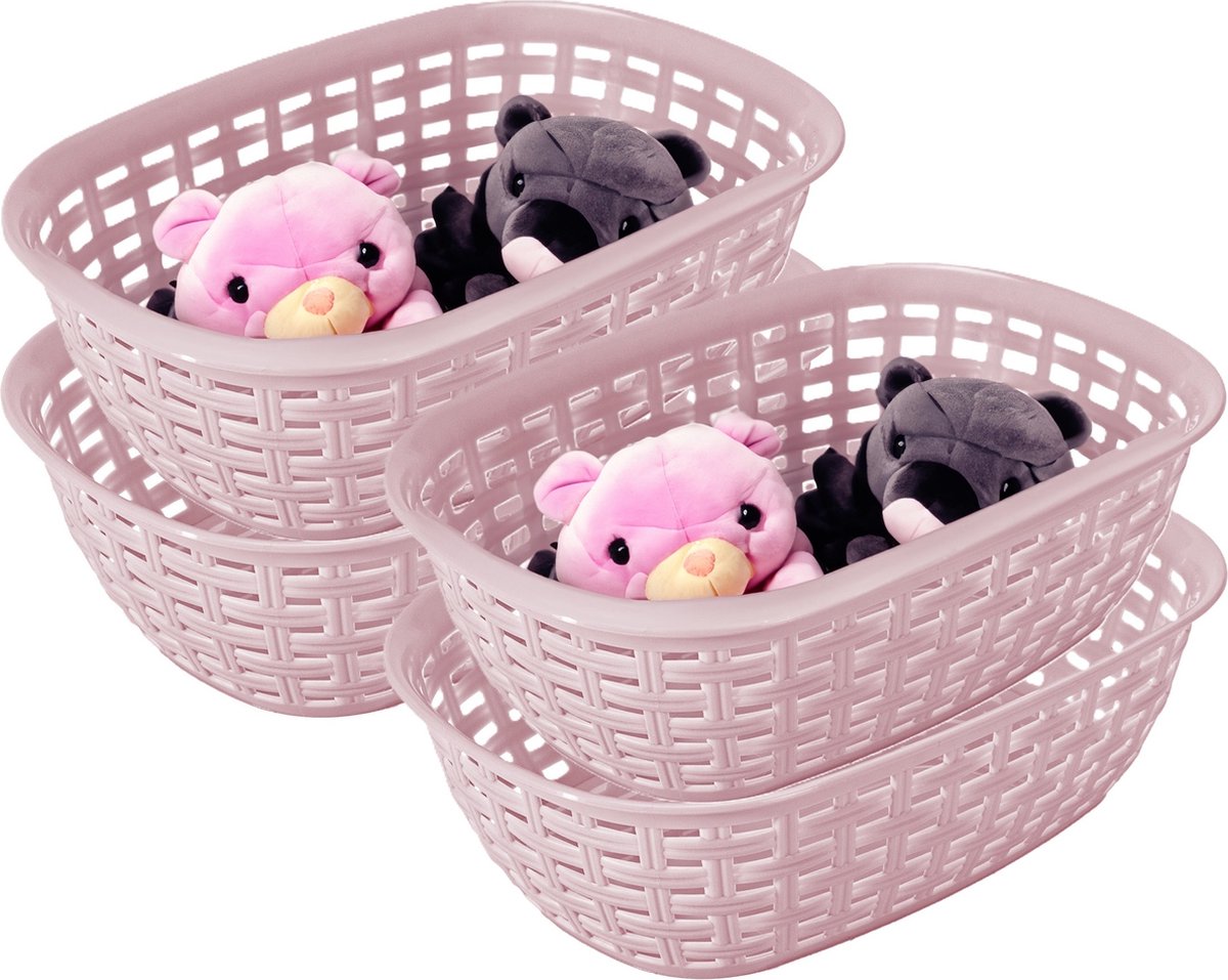 Hega hogar Opbergmandje kastmandje 4x roze 2 liter kunststof 18 x 25 x 7 cm kleine opslag bakjes manden