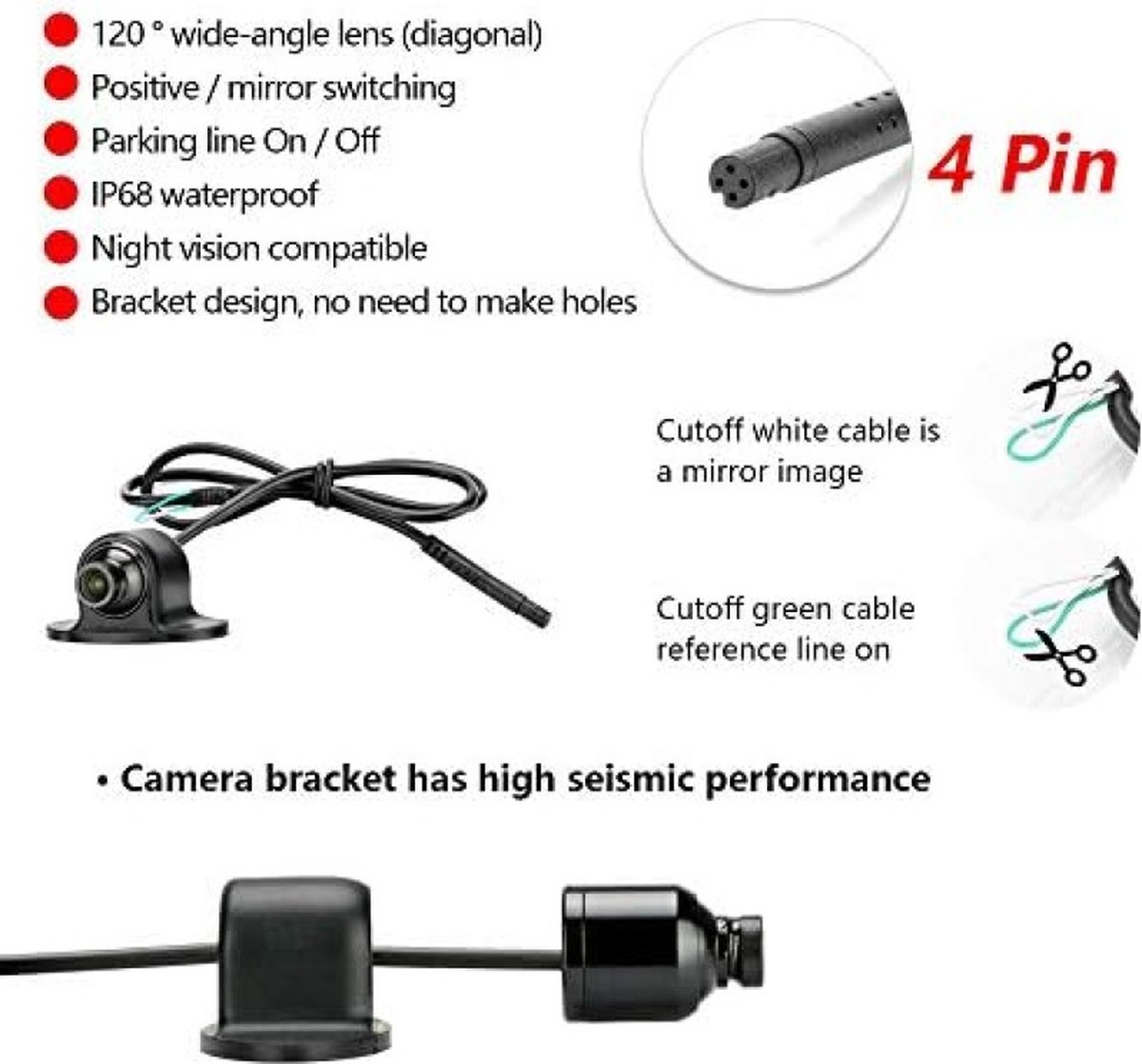 Jansite Zijzichtcamera zonder boren, achteruitrijcamera, IP68, waterdichte frontcamera, 120° groothoeklens, 12 V
