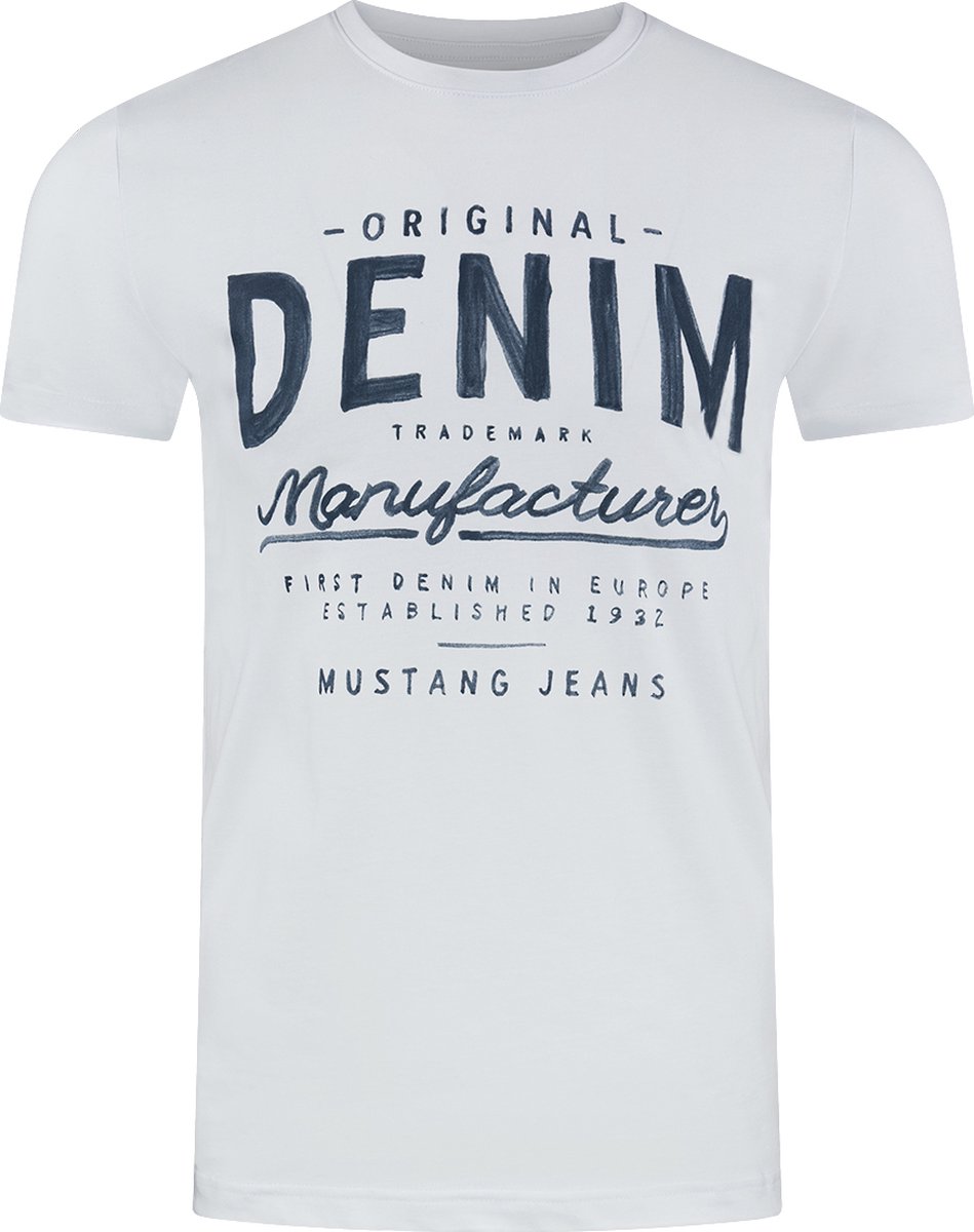 Mustang Heren T-Shirt Basic Print Tee regular fit Wit XXL Ronde Hals Volwassenen Opdruk Print Shirts