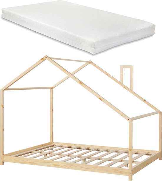 Lit enfant Siuntio lit maison avec matelas 140x200 cm naturel [en.casa]