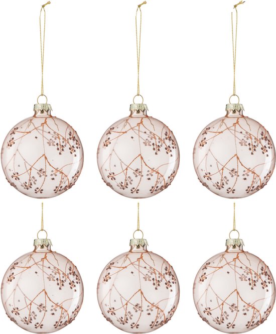 J-Line Doos Van 6 Kerstbal Takken Glas Licht Roze Small