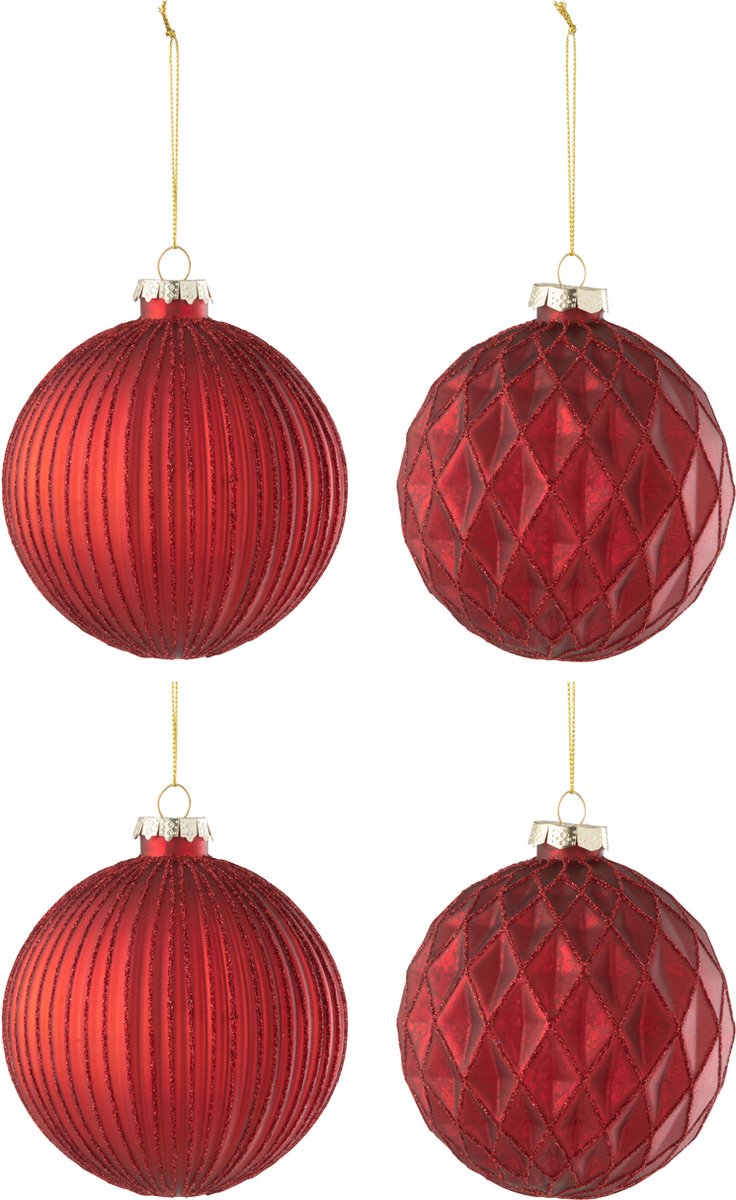 J-Line kerstbal Geribbeld/Ruit - glas - rood - large - doos van 4