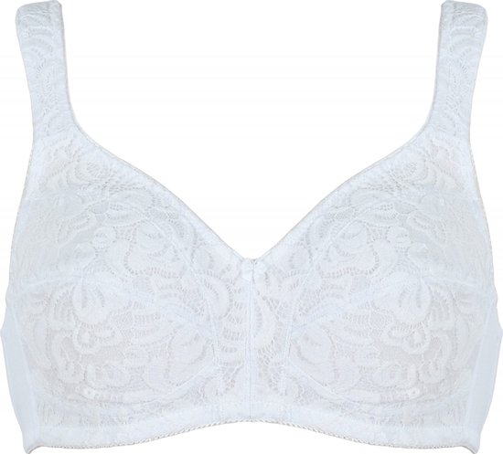 Witte Naturana beugelvrije BH met delicate kanten cups en verstelbare bandjes.