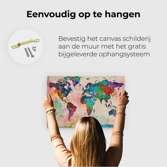 Artaza Peinture sur toile Wereldkaart aquarelle sur un morceau de Papier - 60x40 - Décoration murale - Photo sur toile - Impression sur toile