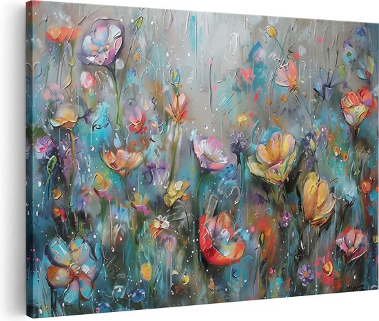 Artaza Canvas Schilderij Kunstwerk van Bloemen in de Regen - 120x80 - Groot - Foto Op Canvas - Canvas Print