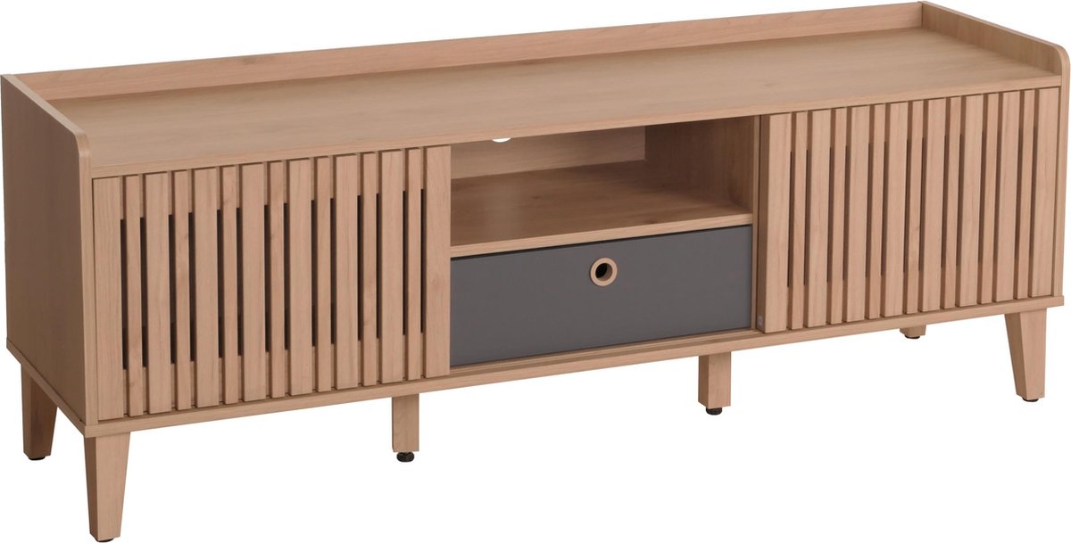 TV-rek MCW-M48, lowboard TV-meubel, schuifdeur 56x150x40cm ~ beige, lade grijs