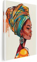 Artaza Canvas Schilderij Afrikaanse Vrouw in een Kleurrijke Tulband - 90x120 - Wanddecoratie - Foto Op Canvas - Canvas Print