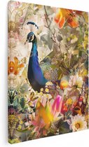 Artaza Canvas Schilderij Pauw in een Veld met Bloemen - 60x80 - Muurdecoratie - Foto Op Canvas - Canvas Print