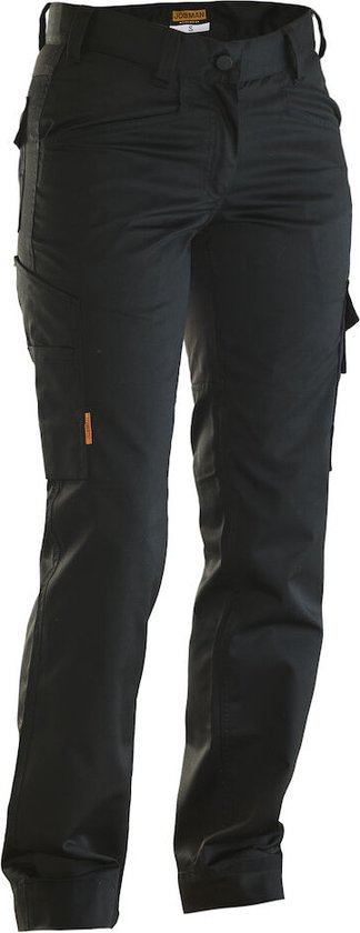 Zwarte Jobman werkbroek voor dames met stretchmateriaal en meerdere zakken. Oranje detail op de linker broekspijp.